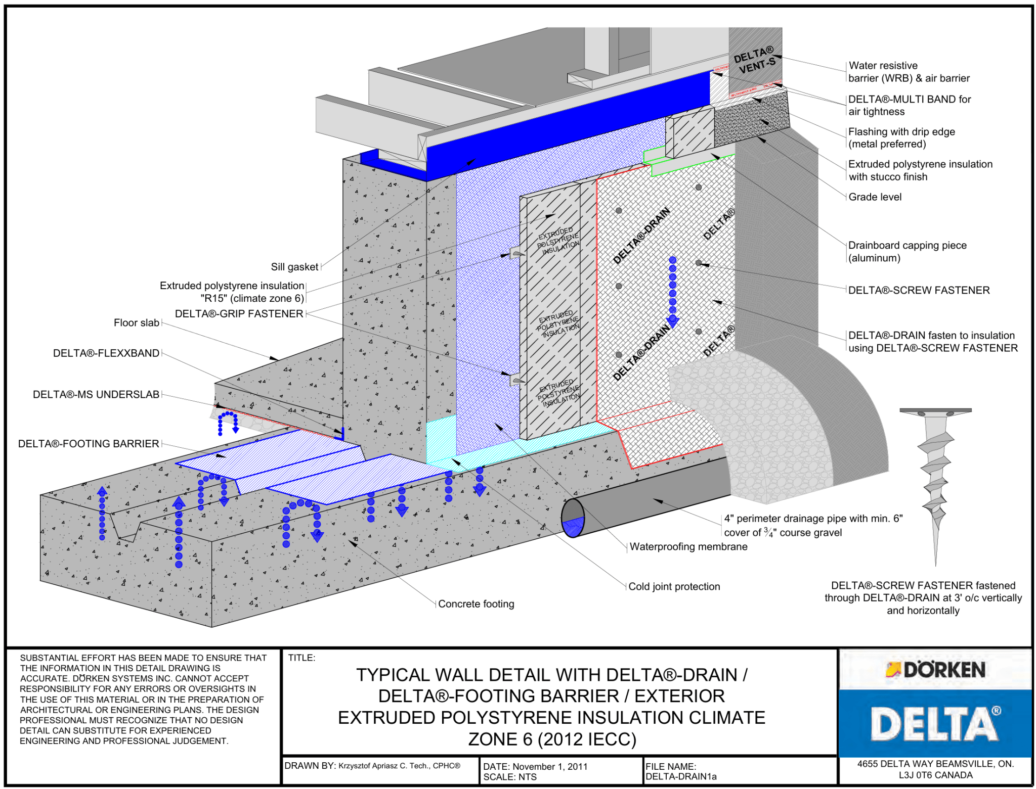 DORKEN DELTA 기초와 단열재 디테일 도면, 방수 및 단열 성능을 위한 구성 요소들이 나열되어 있음.