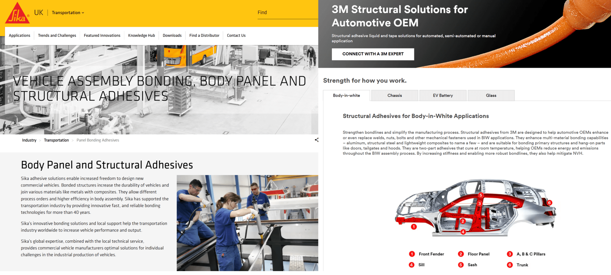 자동차 조립 및 구조용 접착제에 대한 정보가 포함된 웹사이트 스크린샷.