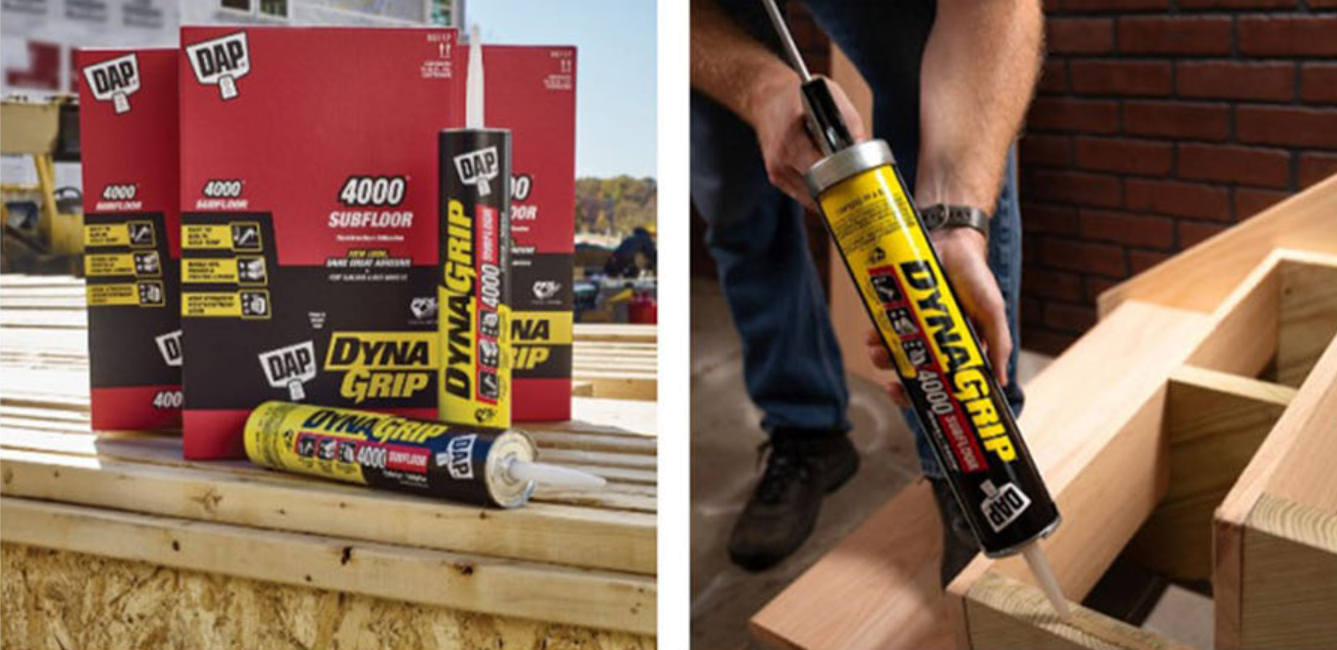 DAP DynaGrip 4000 접착제와 서브플로어 제품이 함께 있는 이미지