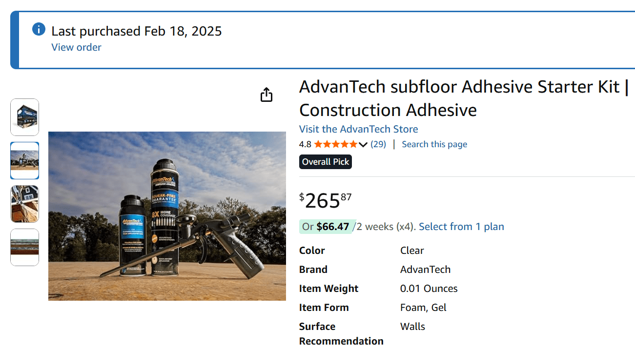 AdvanTech 구조용 접착제 스타터 키트와 관련 제품들이 나열된 이미지. 접착제 카트를 배경으로 하여 제품과 설명이 보인다.