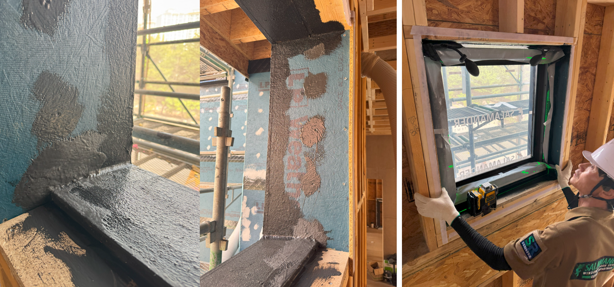 A close-up view of the weatherproofing and sealing process around a window frame during construction, showing application of black sealant on the edges and a worker preparing the installation.