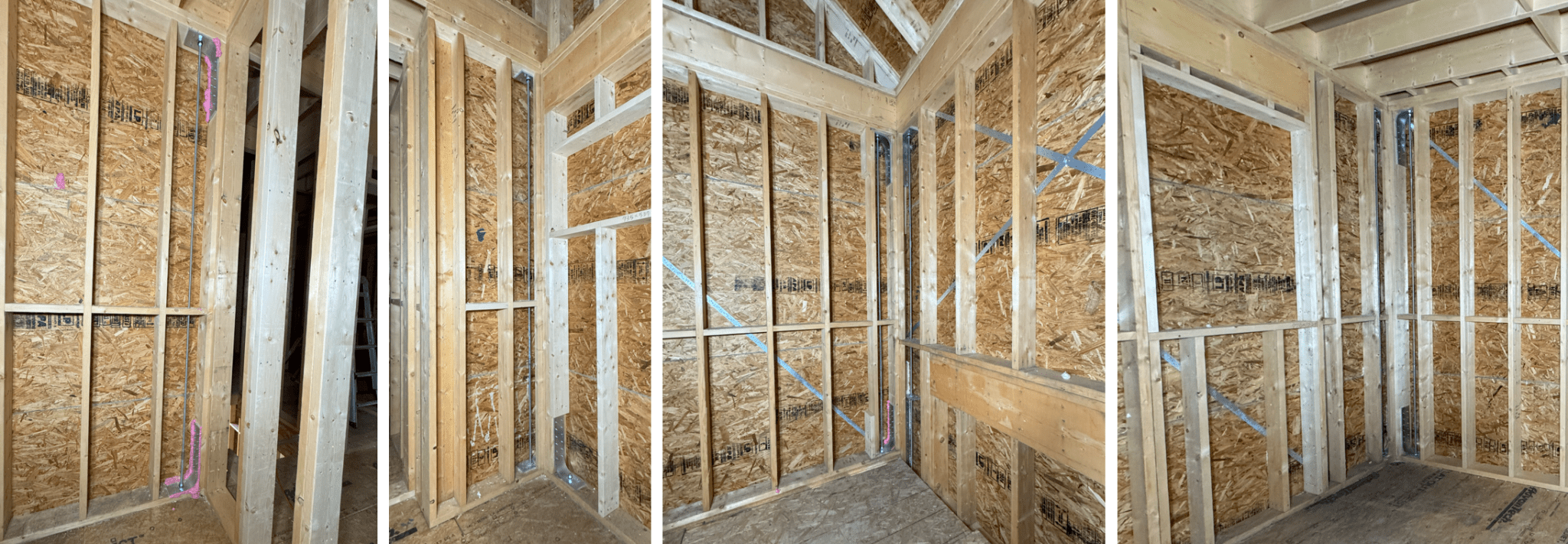 목조 구조의 벽체와 합판이 설치된 건축 현장 내부 사진. 스터드와 X자형 띠철물이 보강된 모습.