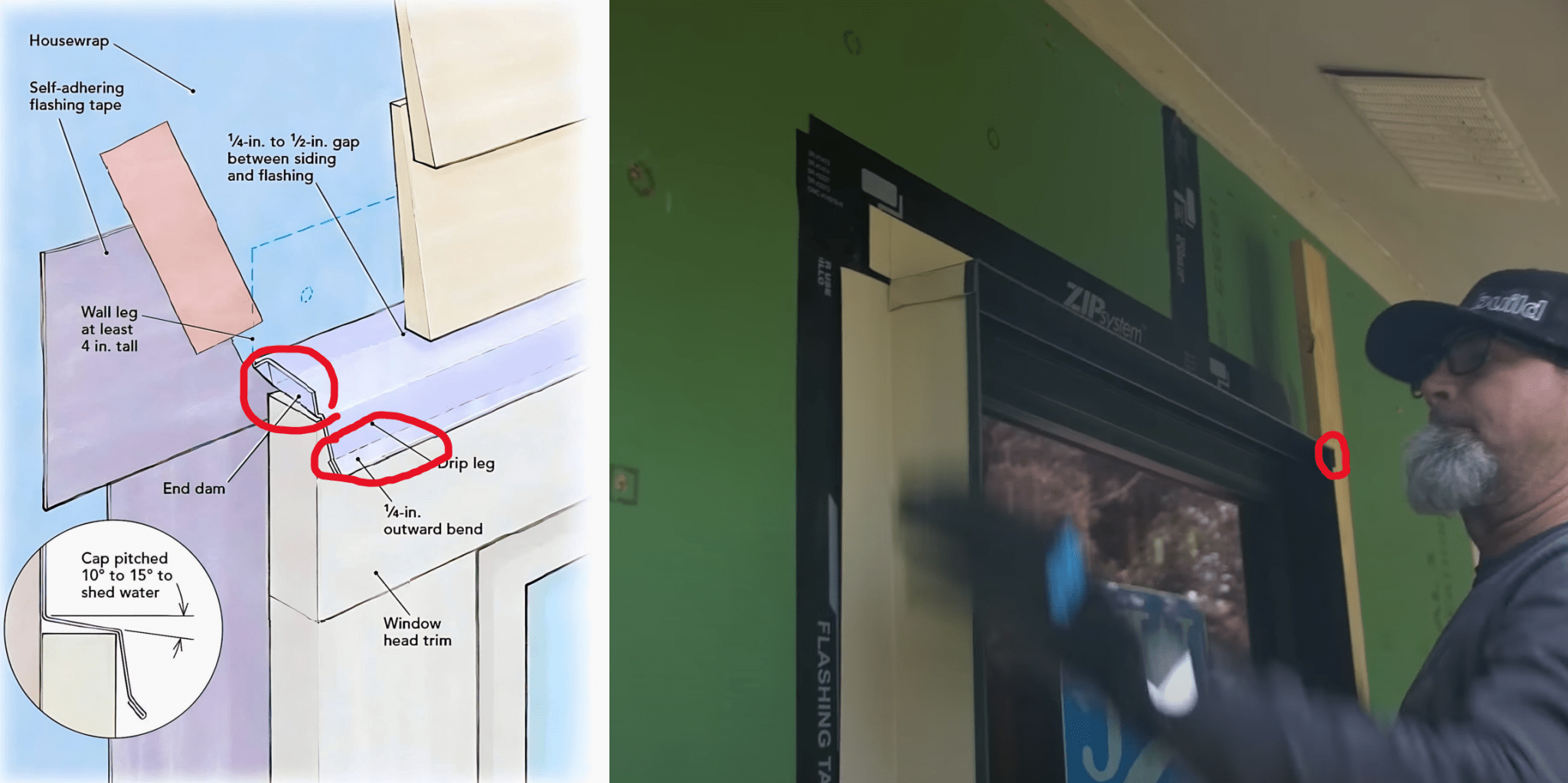 구조물에 시공 중인 창호 플래싱 세부 구조와 시공자가 창호 주변에 작업하는 모습.