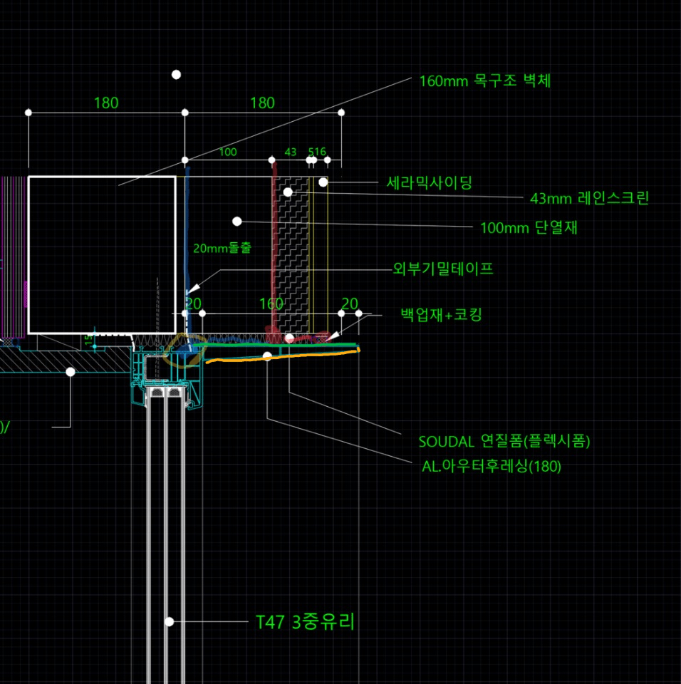 Detailed architectural drawing illustrating a window installation cross-section, showcasing insulation, sealing materials, and structural components.