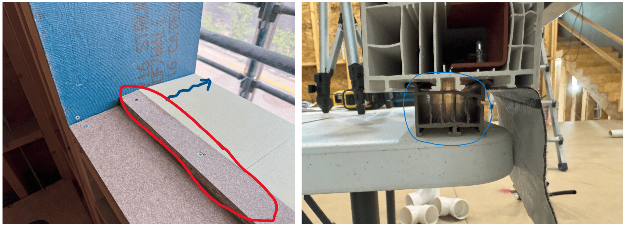 왼쪽 사진은 창호 설치를 위한 구조물의 상세를 보여주며, 파란색 절연재 아래에 평판이 위치해 있음. 오른쪽 사진은 창호의 단면으로, 기밀과 단열을 위한 내부 구조가 드러나 있음.