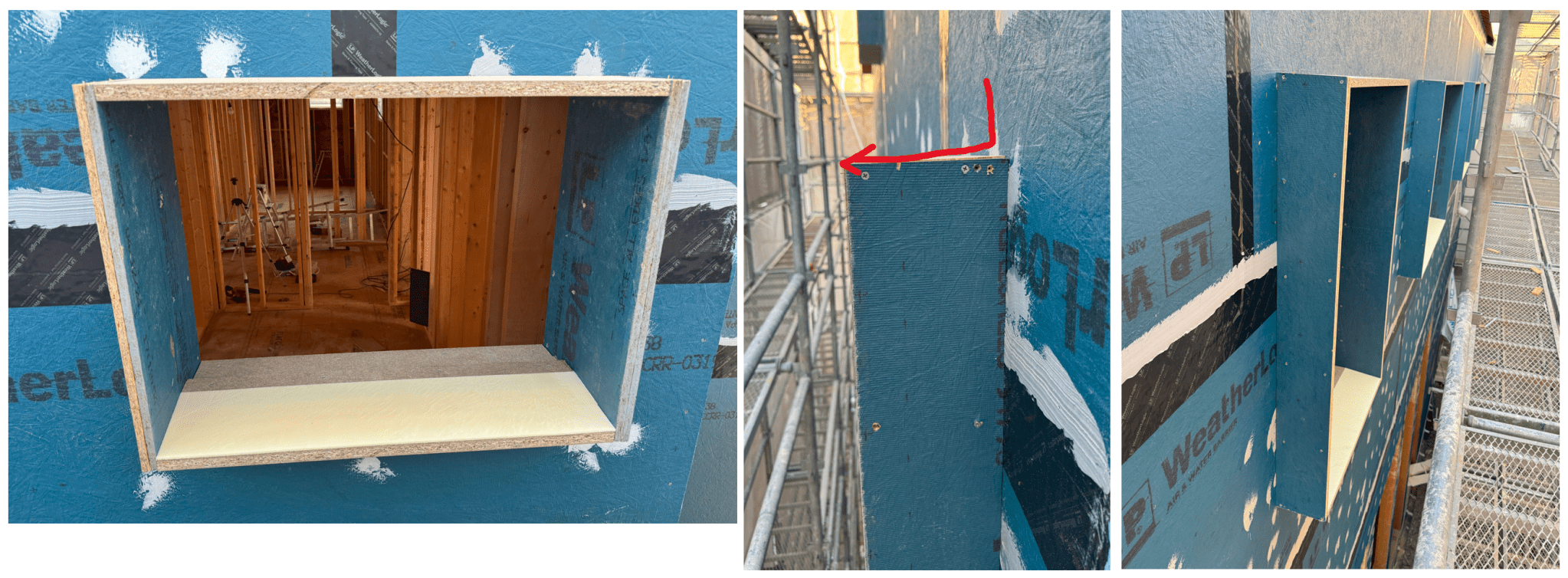 창호 구조가 설치된 외벽의 모습, 내부가 보이는 창의 틀과 단열재가 포함된 영역.