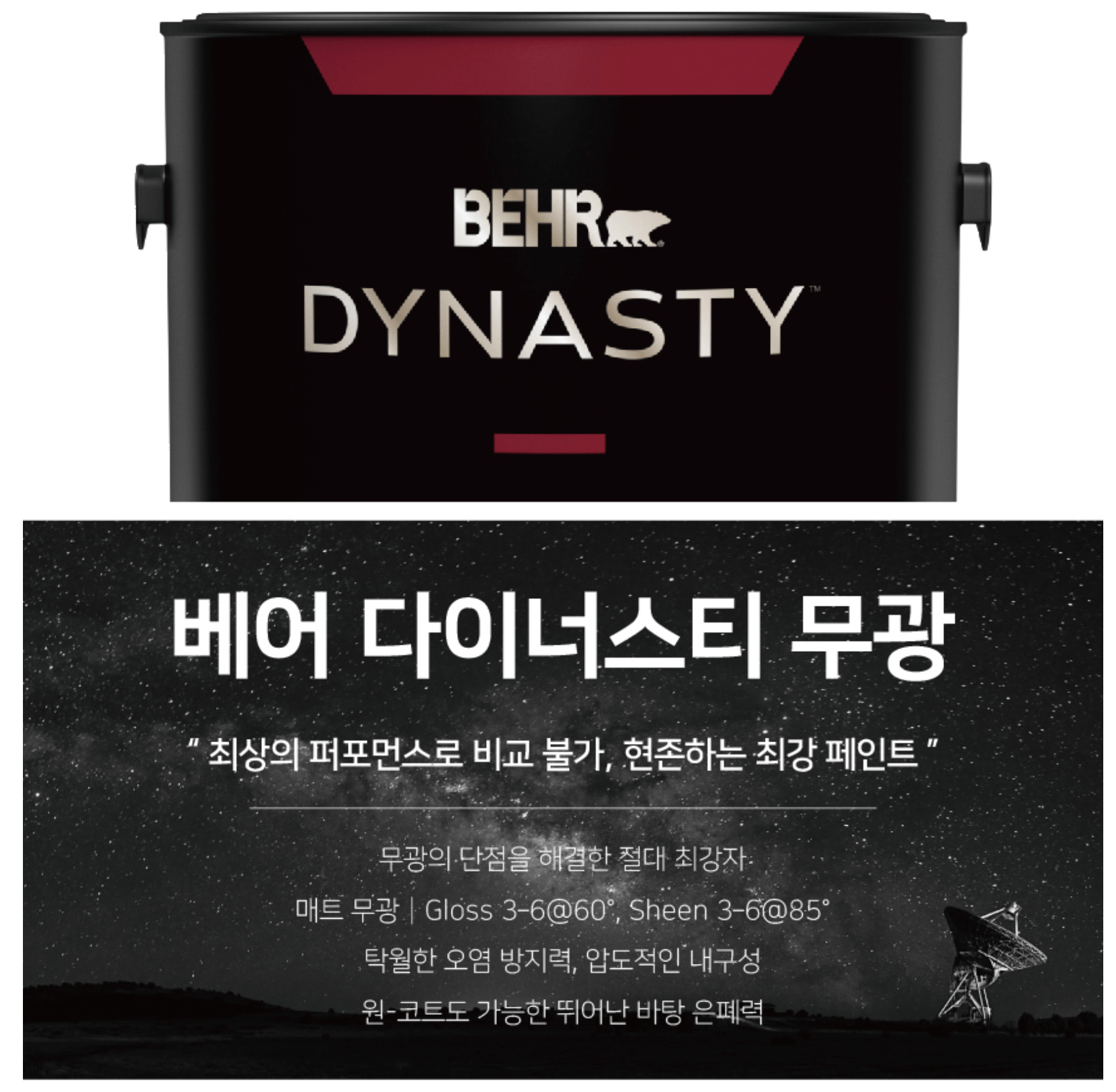 베어 다이너스티 무광 페인트 통, 성능 설명이 포함된 디자인.