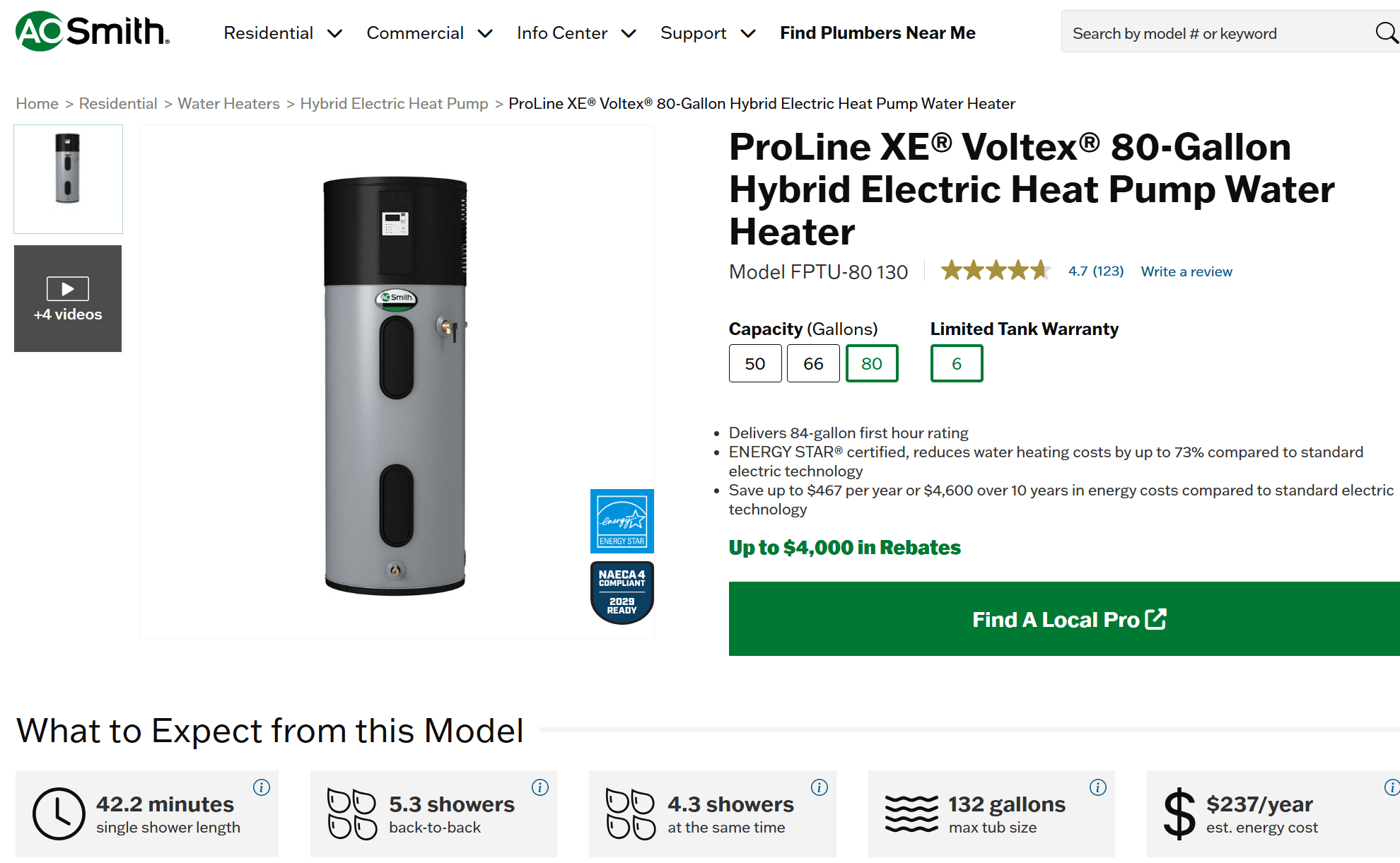 ProLine XE Voltex® 80갤런 하이브리드 전기 열 펌프 온수기 제품 이미지, 에너지 효율성 강조.