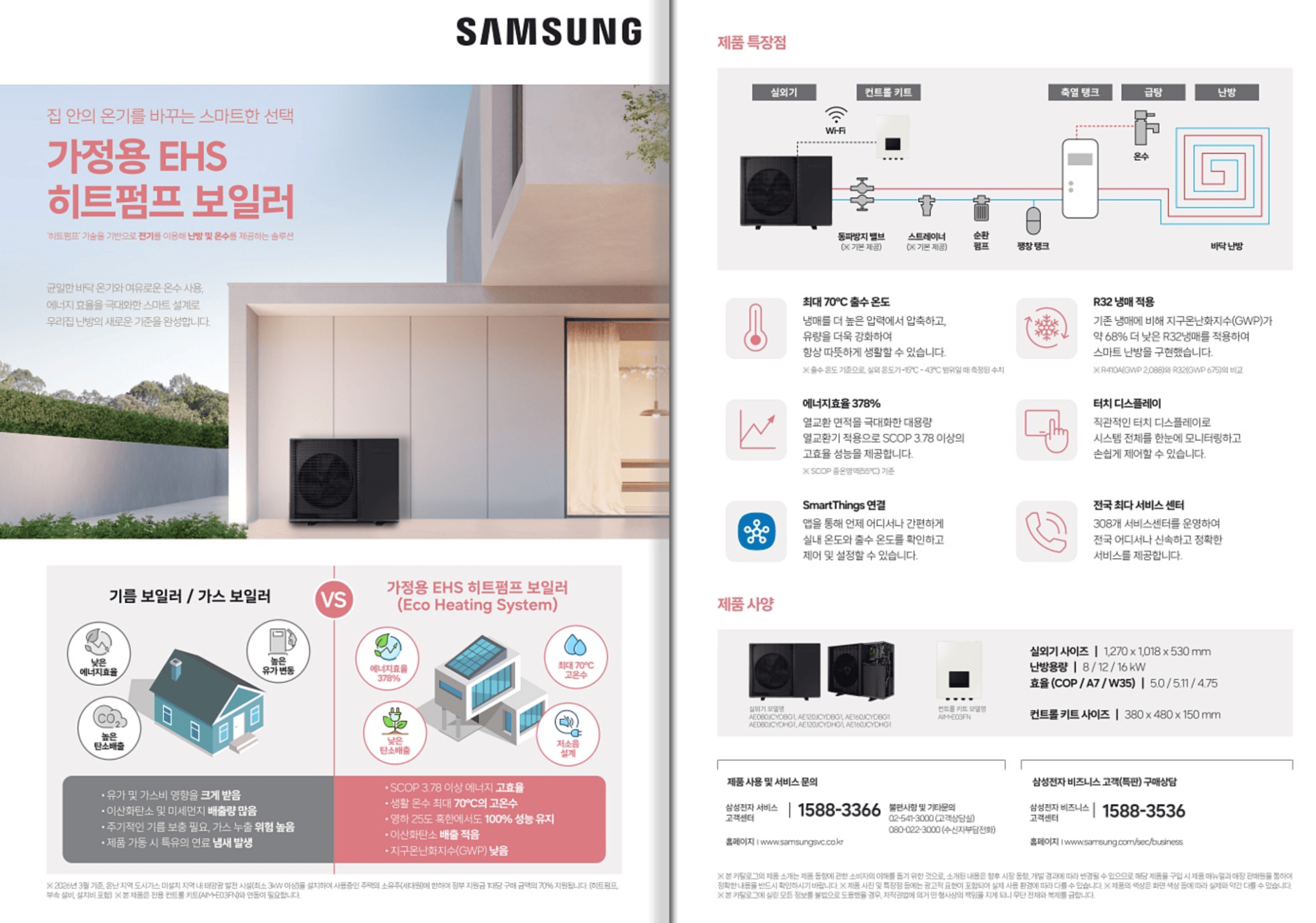 삼성 가정용 EHS 히트펌프 보일러 제품 소개 이미지로, 좌측에는 제품과 설치된 모습, 우측에는 제품 특징과 사용 정보가 나와 있습니다.